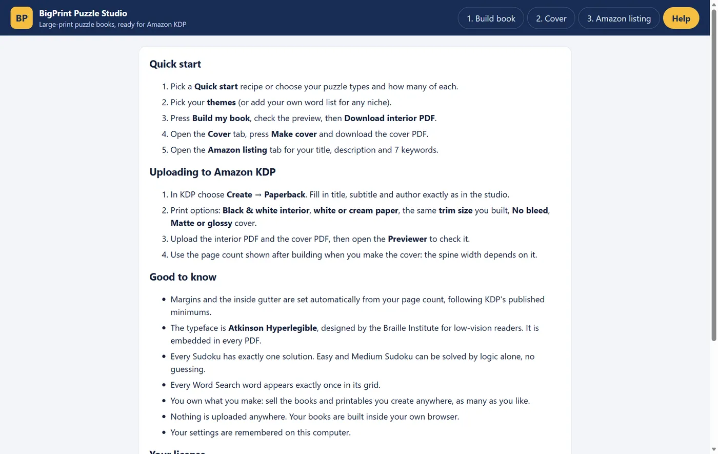 The Help tab with the license section