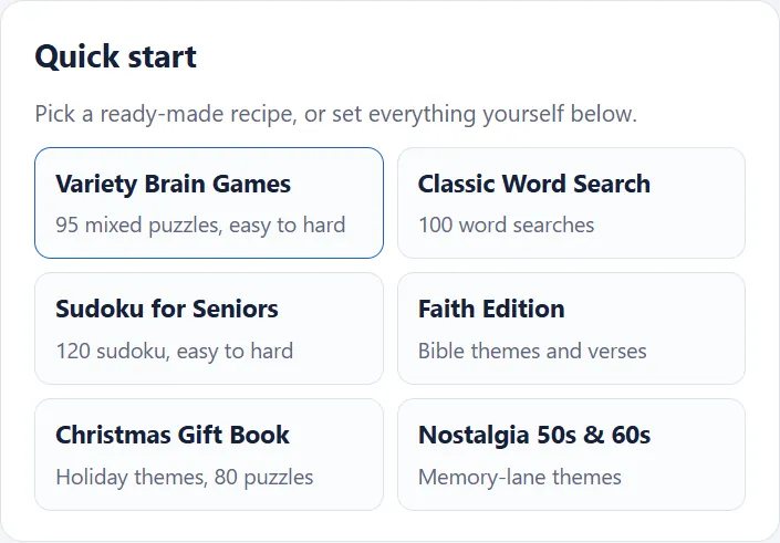 Quick start recipes