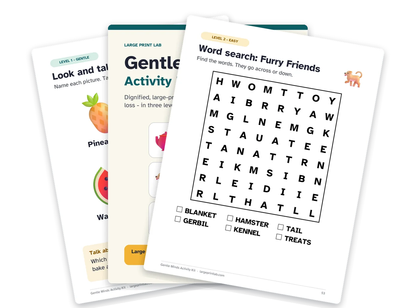Pages from the Gentle Minds Activity Kit: Look and talk, the cover and a large-print word search