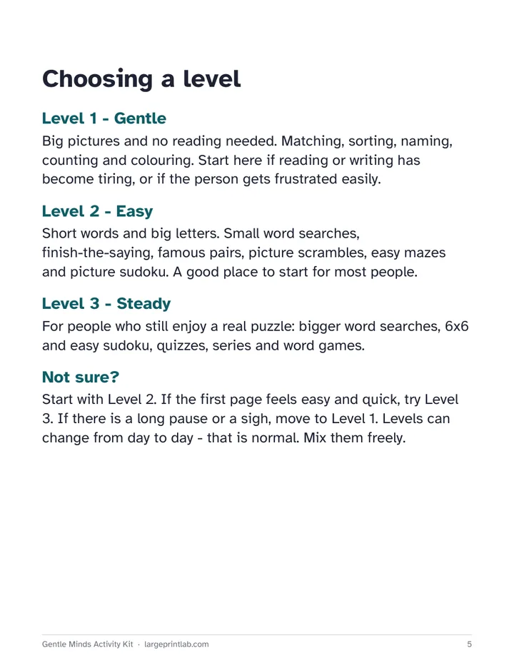The Choosing a level page from the caregiver guide