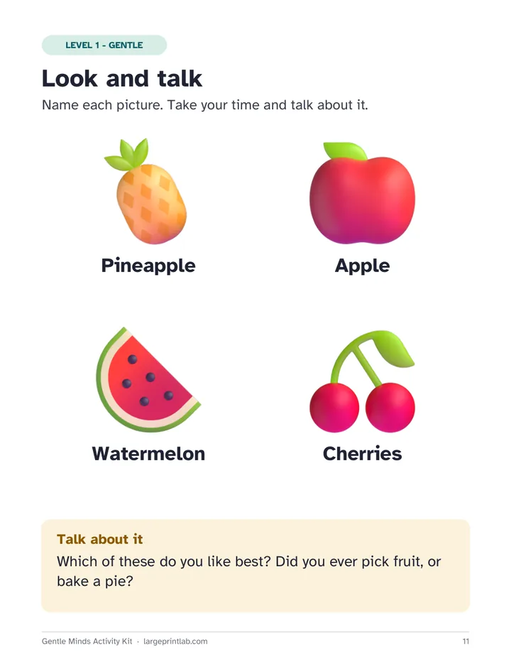 Level 1 page: Look and talk with large pictures