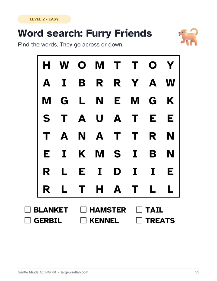 Level 2 page: a small large-print word search