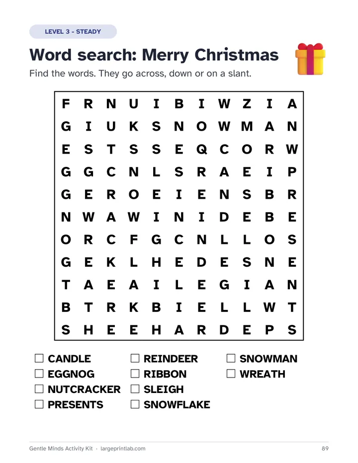Level 3 page: an 11 by 11 word search