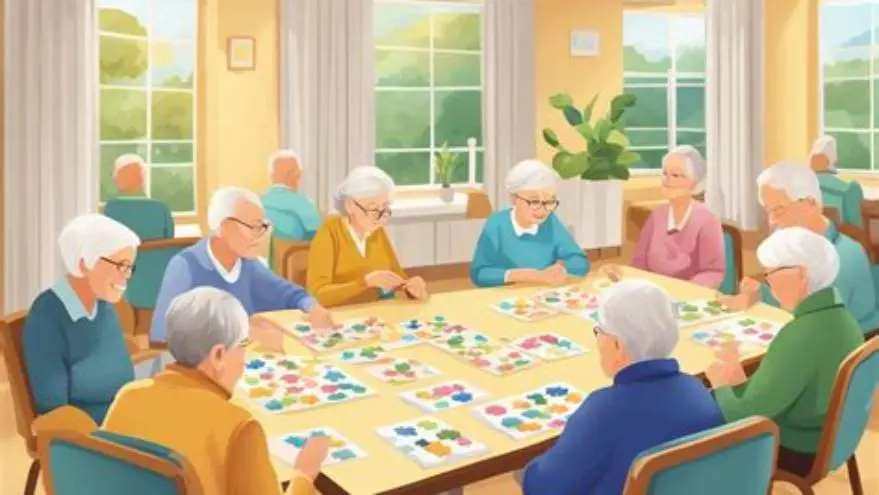 Older adults doing group activity with large print puzzles