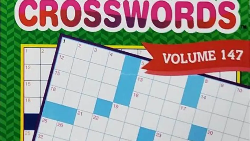 Large-print puzzle book open on table with bold text