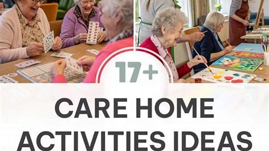 Seniors happily doing large-print puzzles in nursing home lounge