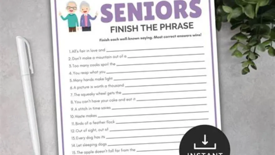 senior woman playing large print phrase game with caregiver