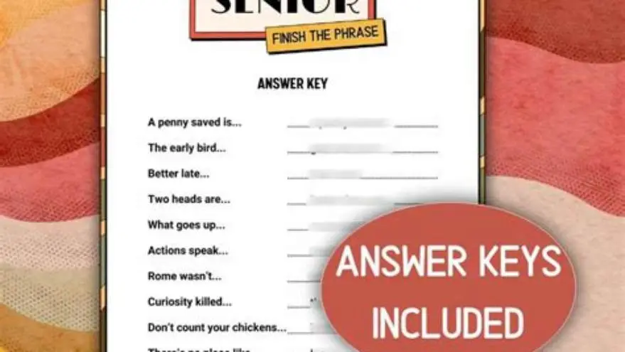Printed finish the phrase game sheets with large text and seniors playing