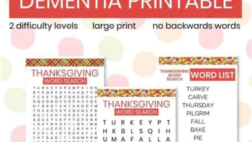 Large-print Thanksgiving word search and conversation cards on a table