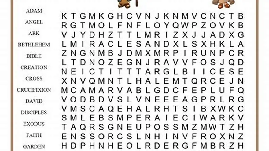 Large-print Bible word search puzzle page with solutions