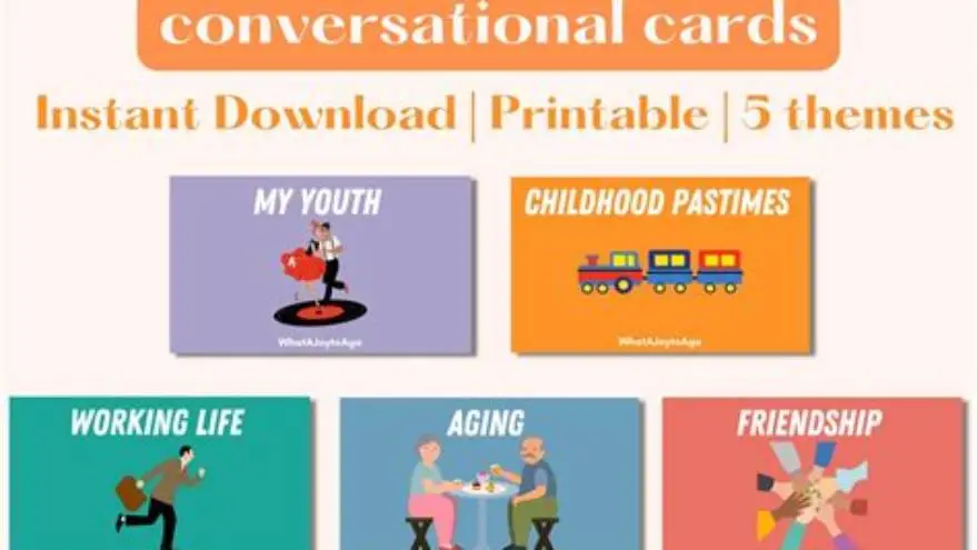older adult and caregiver using conversation cards together