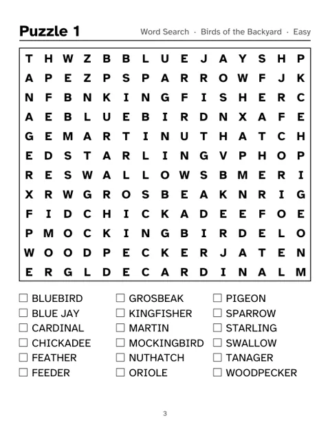 Preview of Backyard Birds Word Search