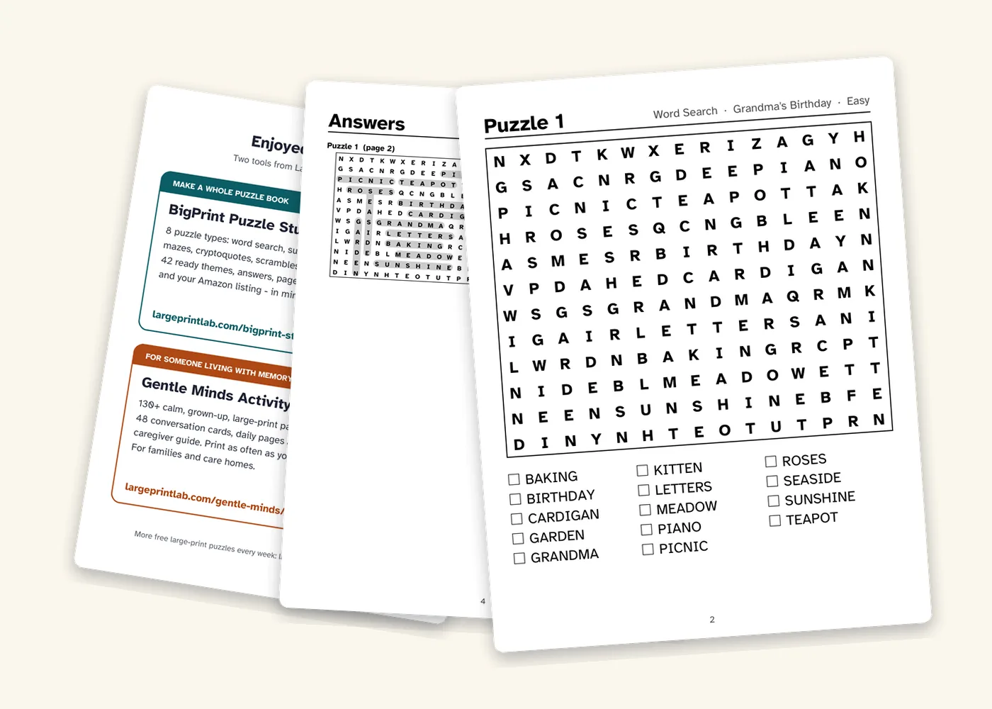 A large-print word search made from a family's own words, with its answer page